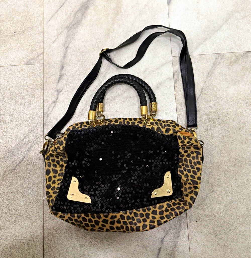 Women’s Leopard Print Satchel Top Handle Zip Sequin Front Detachable